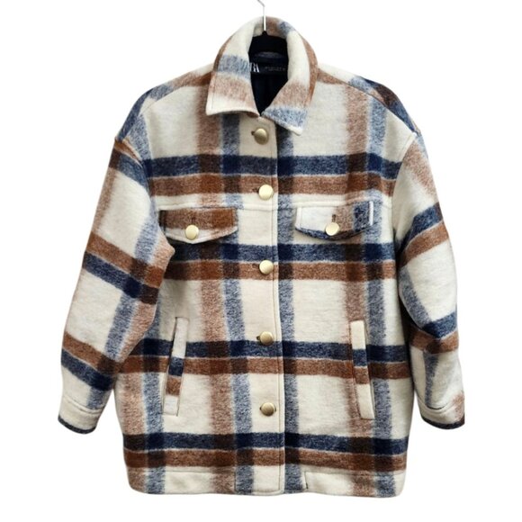 Zara Plaid Wool Blend Jacket With Gold Buttons In Cream Brown And Blue S… - Picture 3 of 11